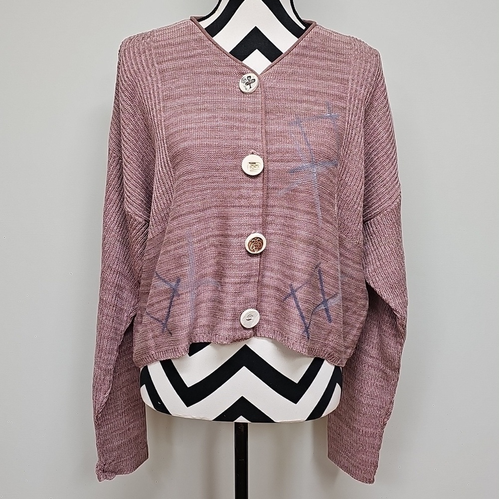 Blue Fish 90s Block Print Cropped Knit Cardigan Sweater Mauve Rose